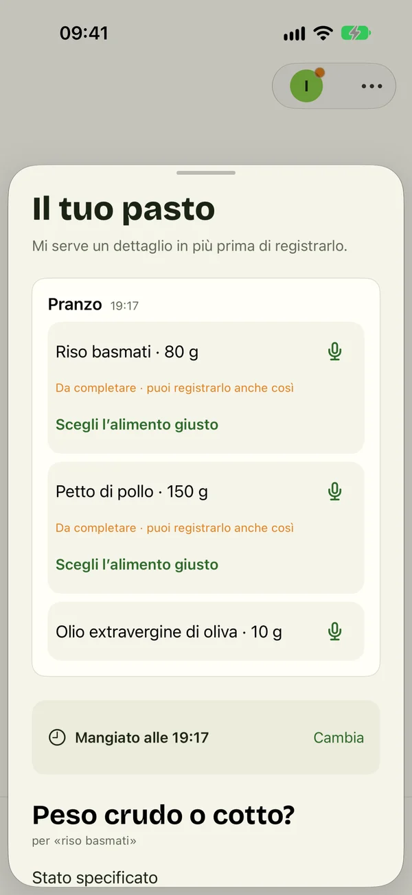 «Il tuo pasto»: riso basmati 80 g, petto di pollo 150 g, olio d'oliva 10 g, da controllare prima di registrare