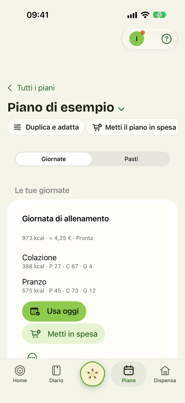Piano di esempio: la giornata di allenamento con «Usa oggi» e «Metti in spesa»